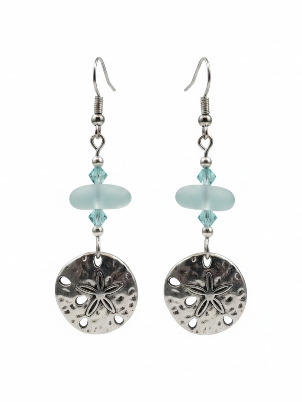 Silver Sand Dollar With  Precosia Caribbean Sea crystal and Sea Glass Earrings